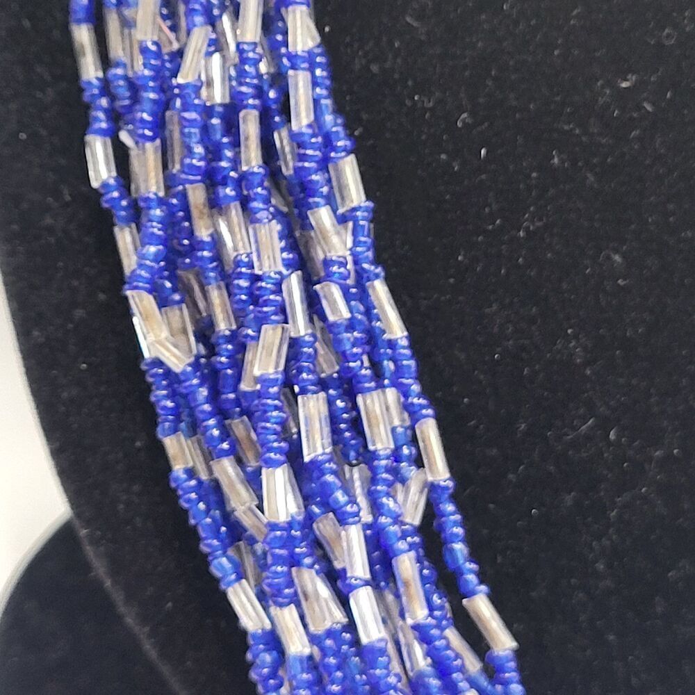 Vintage Multistrand Ethnic Indigenous Blue Silver Chunky Bohemian Necklace 24.5"